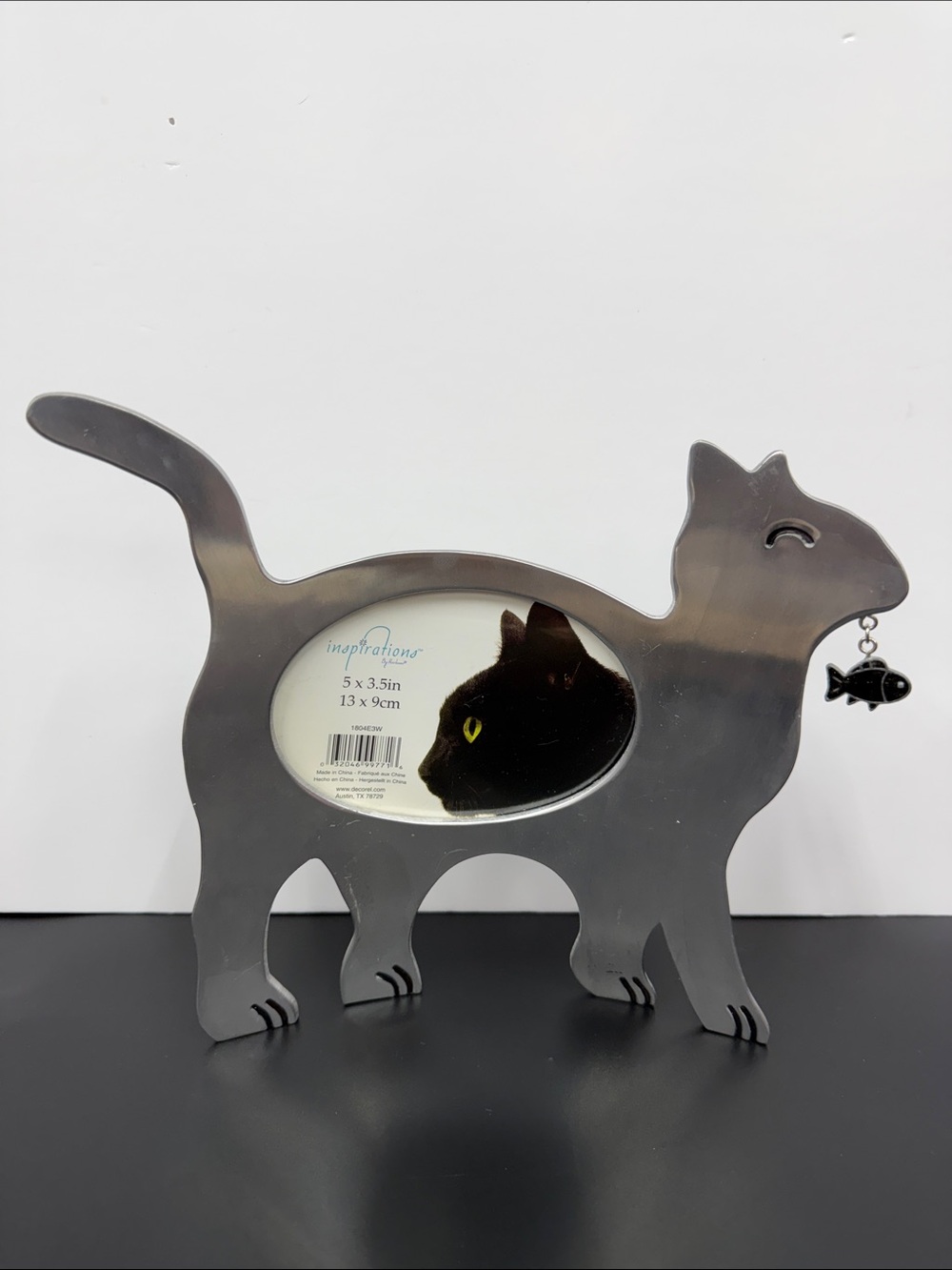 Metal Cat Picture Frame with Fish Charm - Gray